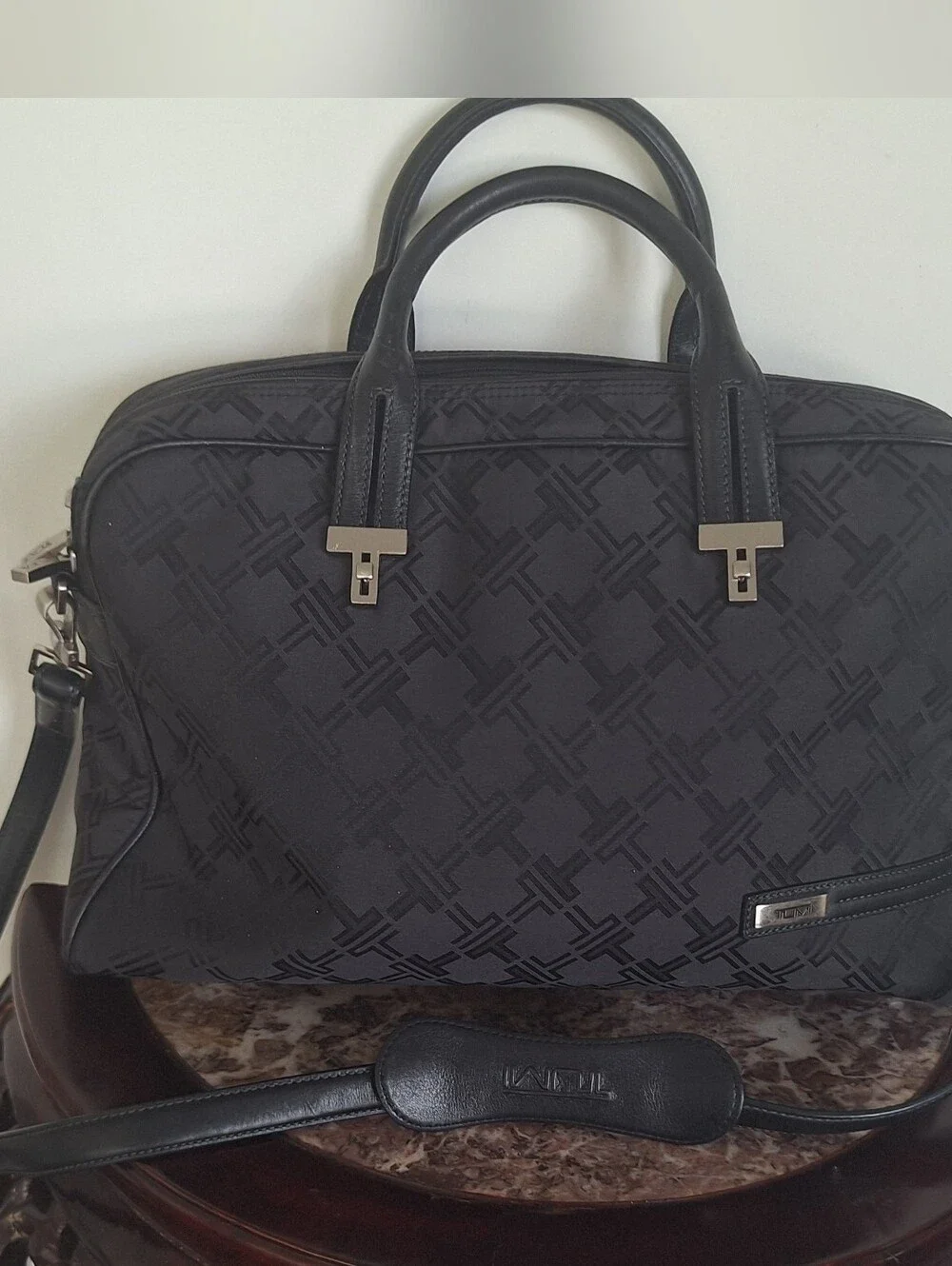 Tumi Black Quilted Logo Laptop Tote with Leather Handles